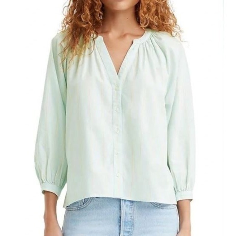 Levi's XSmall Top Lainey Blouse Green Peach Stripes Puff Sleeves 100% cotton XS